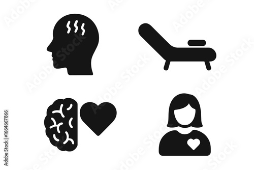 Mental health solid glyph icon set. Psychology, stress, therapy couch, brain and heart connection, emotional wellbeing, and self care concepts. Psychotherapy vector icons.
