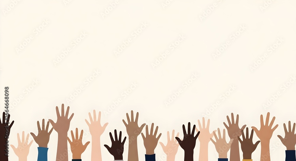 Fototapeta premium Diverse hands raised in unity, symbolizing teamwork, community, and participation