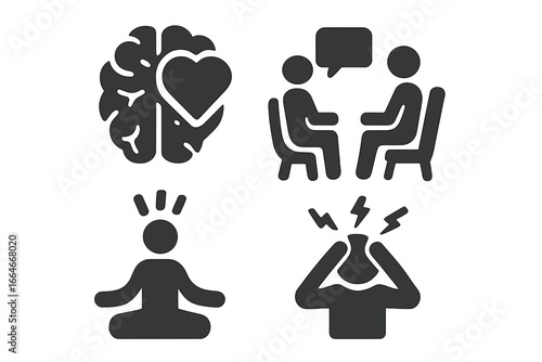 Mental health solid glyph icon set. Psychology concepts like emotional intelligence, therapy session, counseling, meditation for mindfulness, stress, and anxiety relief.