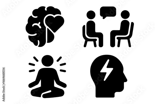 Mental health solid icon set. Brain and heart for psychology, therapy session for counseling, meditation for stress relief and head with bolt for anxiety or idea concept vector.