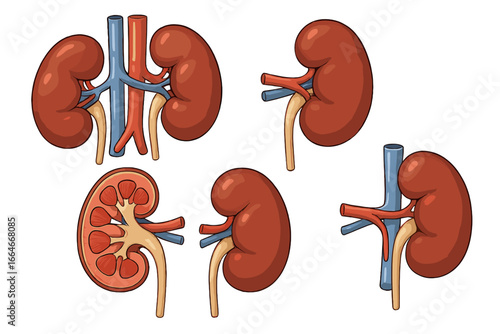 Human kidney anatomy set. Detailed medical vector illustration showing organ structure, cross-section, renal artery, vein, and ureter. Urology and nephrology concept.