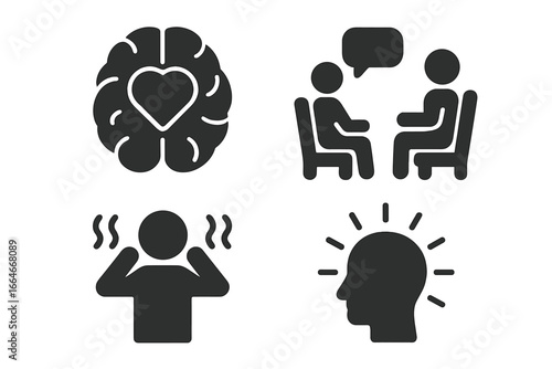 Mental health glyph icon set. Psychology, emotional wellness, brain health, therapy session, stress relief, anxiety, burnout, mindfulness, insight, idea, support concept vector.