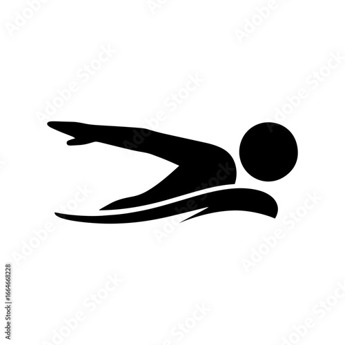 Black stickman silhouette of swimmer in freestyle stroke, minimal flat vector icon for swimming, sports, aquatic activities, water training, and fitness design elements.
