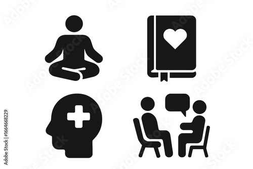 Mental health and wellness icon set. Solid glyph symbols for self-care concepts like meditation, journaling, positive psychology, and therapy or counseling session vector.