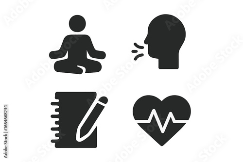 Mental wellness solid icon set. Meditation pose, deep breathing exercise, journaling, and heart rate monitor symbols. Mindfulness, yoga, and self-care vector graphics.