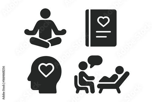 Mental health and wellness icon set. Solid glyph icons for psychology, therapy, counseling, meditation, journaling, and self-care. Concepts for mindfulness and emotional support.
