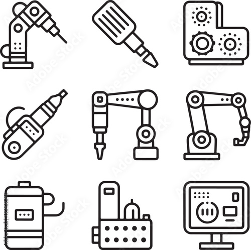 Industrial automation and technology icons including robotic arms and monitor industrial robot screwdriver