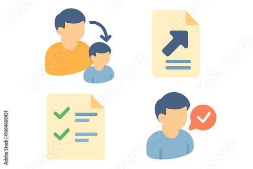 Mentoring icon set. Isometric icons for business coaching, career development, and employee training. Includes mentor, mentee, guidance, checklist, and growth symbols. Vector.