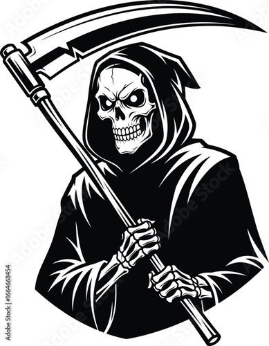 A striking black and white vector illustration of the Grim Reaper, depicted as a skeletal figure cloaked in a flowing hooded robe. The Reaper grips a large, curved scythe with both bony hands—a classi