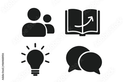 Mentoring and coaching solid icon set. Business concepts for guidance, professional development, knowledge sharing, career growth, new ideas, and communication vector icons.