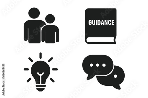Mentoring and coaching icon set. Vector symbols for guidance, knowledge, new ideas, and communication. Business leadership, support, and personal development concept.