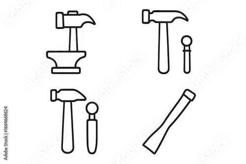 Metalworking and blacksmith tool icon set. Line art vector illustration of forging equipment. Includes forging hammer, anvil, planishing hammer, rivet set, and metal chisel.