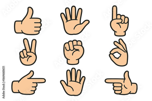 Hand gesture vector icon collection. Cartoon hands showing signs like thumbs up, peace, victory, stop, okay, and fist. Communication and expression symbols for design.
