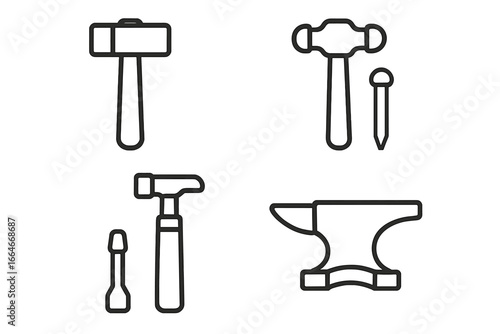 Metalworking tools outline icon set. Vector collection of forging hammer, planishing hammer, riveting set, metal chisel and anvil for blacksmith, craft or workshop design.