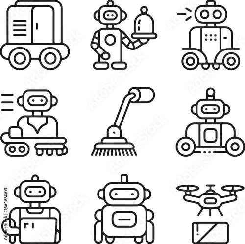 Robot Service Icons with Various Tasks and Vehicles