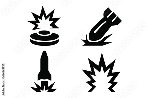 Military explosive icons set. Solid glyph symbols of war and conflict. Vector silhouettes of landmine, bomb strike, missile launch, and detonation for army concepts.