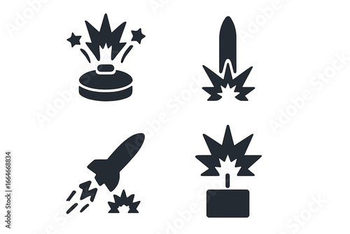 Military explosive icons. War and army weapon symbols. Landmine, artillery shell, bomb, rocket launch, and missile strike. Solid glyph icon set for conflict concepts. Danger.