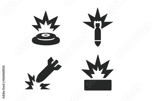 Military explosive solid glyph icons set. War bomb, landmine detonation, artillery shell, missile strike and C4 explosion vector silhouette symbols. Army weapon danger signs.