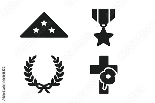Military honors and remembrance vector icon set. Solid glyph symbols of a folded flag, medal, memorial wreath, and a poppy on a cross for Veterans or Memorial Day concepts.