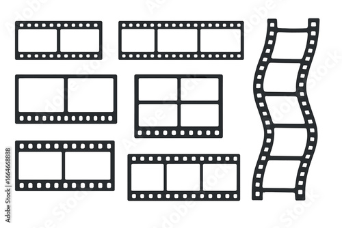 Set of black film strips and frames. Vector illustration of various camera film negatives. Cinema, movie, and photography concept. Retro old reel for video production.