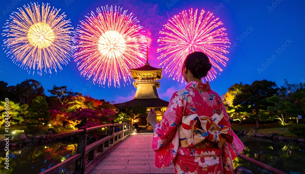 Fototapeta premium Woman in Kimono watching fireworks over a Pagoda