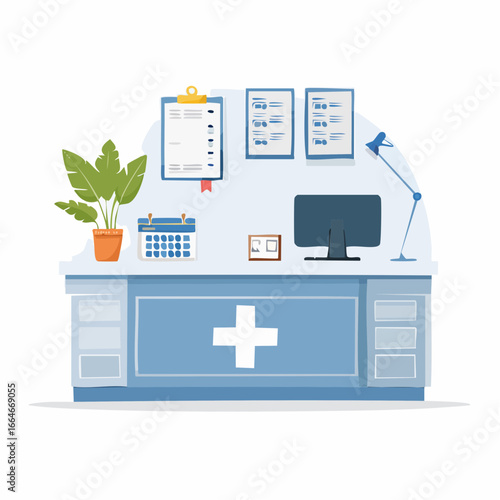 A Medical Reception Desk with a Cross Symbol and Office Supplies