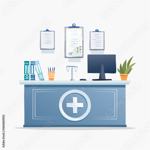Stylized medical reception desk with computer plant and hanging clipboards