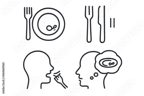 Mindful eating icon set. Intuitive eating practice. Listen to your body signals. Small portion control. Healthy diet habit. Psychology of food. Slow eating vector icons.