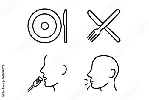 Mindful eating line icon set. Intuitive eating practice, slow food concept. Small portion plate, utensils down, chewing food illustration. Healthy diet vector symbols.