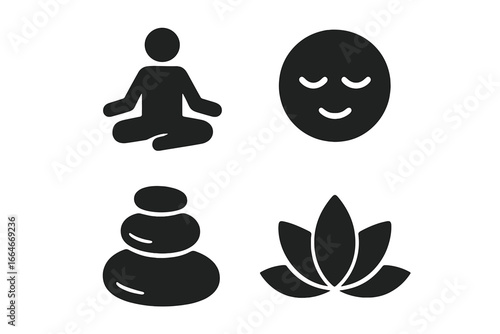 Mindfulness icon set. Meditation and contemplation symbols. Person in yoga lotus pose, calm face, zen stones, and lotus flower. Vector graphics for mental health and spiritual balance.