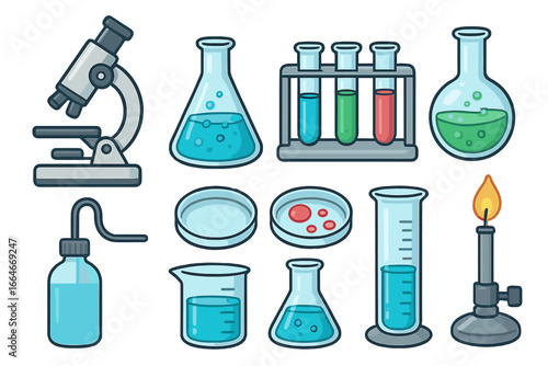 Set of laboratory tools and equipment for scientific research and experimentation. Vector cartoon icons for chemistry, biology, or medical lab concepts. Includes microscope.
