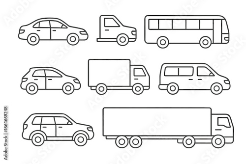 Vehicle icon set in thin line style. Car, truck, bus, van, and suv outline icons. Automotive, public transport, and logistics symbols for web and mobile design projects.
