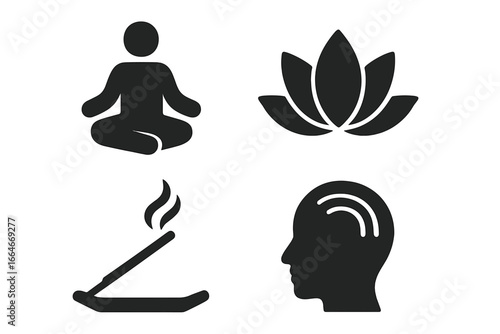 Mindfulness solid icon set. Meditation and mental wellness concept. Vector glyphs of yoga pose, lotus flower, aromatherapy incense, and calm mind symbol for spiritual balance.