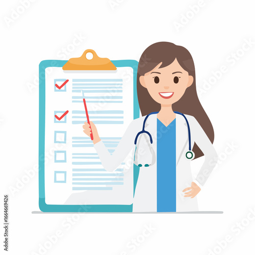 Smiling female doctor with stethoscope pointing to checklist on clipboard