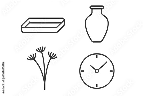 Outline icon set of minimalistic decor accents. Wooden tray, clay vase, dried flowers, simple clock. Modern, simple vector illustration for home decoration and interiors.