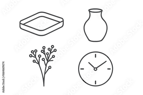 Minimal decor outline icon set. Vector symbols for modern home accents. Includes wooden tray, clay vase, dried flowers, simple clock. Line art illustration for interior design.