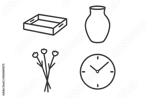 Minimal home decor icon set. Outline vector illustration of cozy interior elements like a wooden tray, clay vase with dried flowers, and a simple wall clock. Line art style.