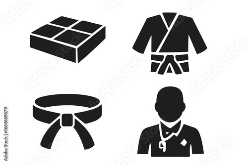 Martial arts solid glyph icon set. Vector symbols for combat sports and training. Includes tatami mat, gi uniform, black belt, and referee silhouette. Ready for web and print.