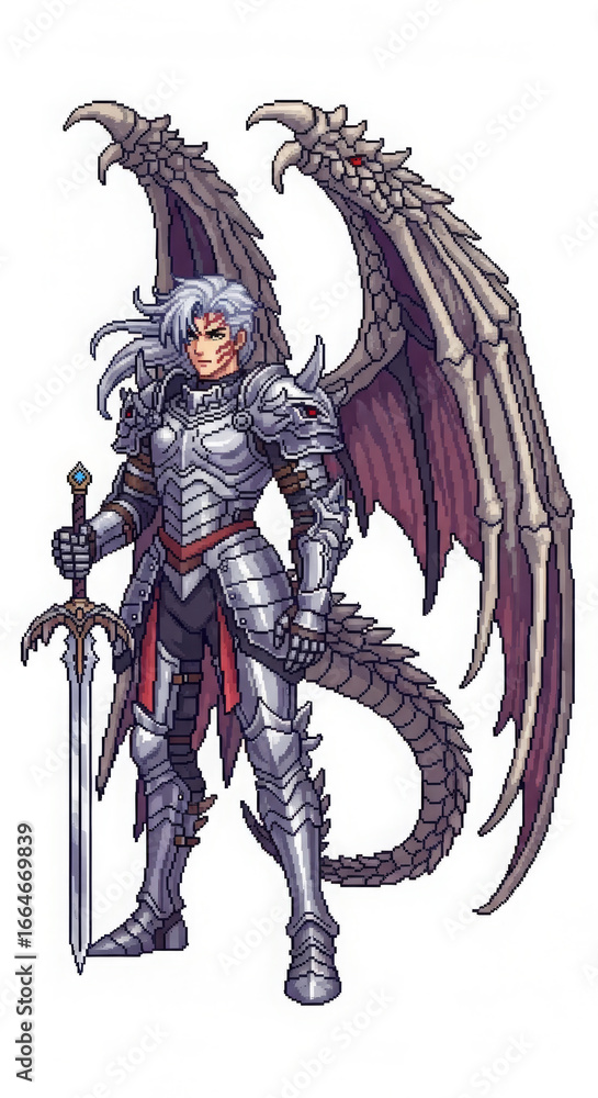 Fototapeta premium Generative AI Dragon Knight Pixel Art Illustration Armor Sword Wings Tail Pixel art Fantasy Warrior Fighter Character Hero Medieval Silver White hair Scars Full body - Unique Design