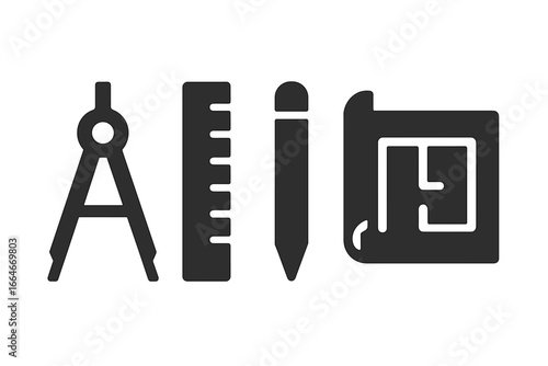 Architectural design and engineering tools icon set. Drafting compass, ruler, pencil, and blueprint symbols. Minimalist glyph vector for construction or renovation project.