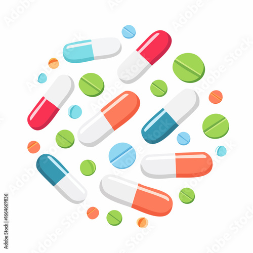 Colorful Arrangement of Pills and Capsules Depicting Healthcare and Medicine