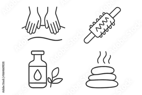 Spa treatment and massage therapy outline icon collection. Vector symbols for wellness, beauty, and relaxation. Includes back massage, hot stones, aromatherapy oil, massage roller.