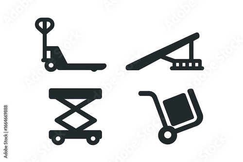 Material handling equipment icon set. Solid glyph icons for logistics and warehouse operations. Includes pallet jack, loading ramp, scissor lift, and dolly with box vector.