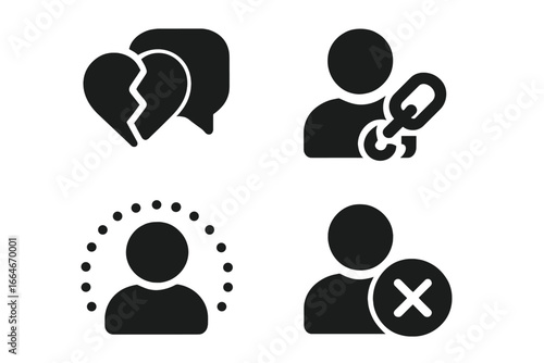 Misinformation impact icon set. Disinformation consequences concept. Fake news, broken trust, cancel culture, social media isolation, user block & relationship conflict icons.