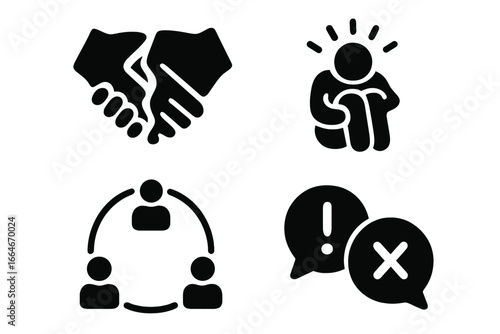 Misinformation and fake news impact icons. Vector set of consequences like broken trust, social division, anxiety, and stress. Concepts of conflict and communication breakdown.