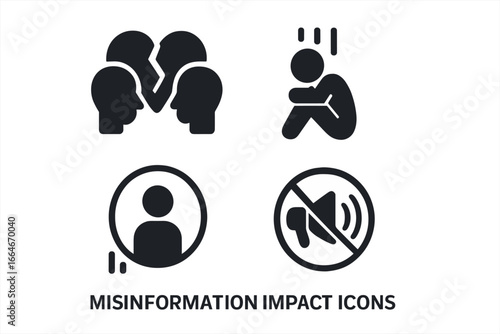 Misinformation and fake news impact icons. Vector glyph set showing consequences like social division, broken trust, anxiety, depression, isolation, and censorship.