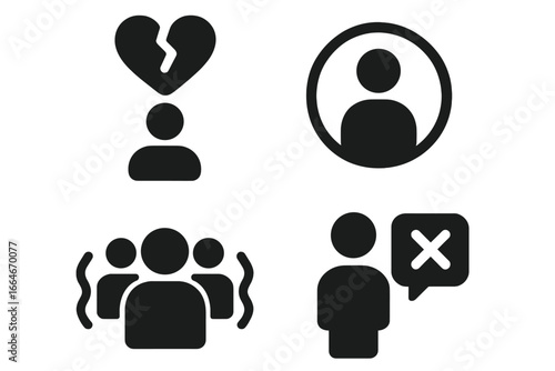 Misinformation and social issues vector icon set. Solid glyphs illustrating fake news, broken trust, cancel culture, community division, censorship, and social rejection.