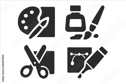 Art and craft solid icon set. Mixed media techniques symbols. Painting palette, ink wash, collage scissors, and vector pen tool. Creative process glyphs for design elements.