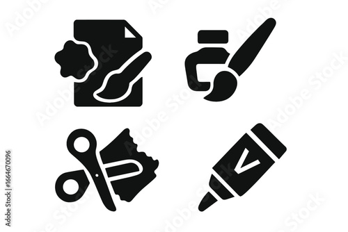 Mixed media techniques solid glyph icon set. Art and craft supplies for creative hobby. Vector collection of paint, paper, ink and wash, collage scissors, and glue tube.
