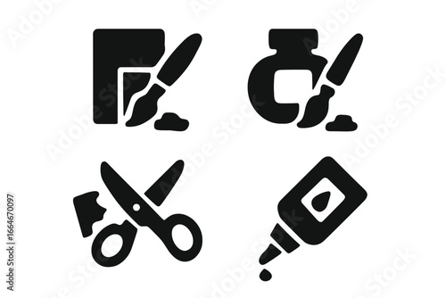 Art and craft supplies solid glyph icon set. Mixed media techniques with paintbrush, ink, scissors for collage, and glue. Creative hobby and DIY tools vector illustration.